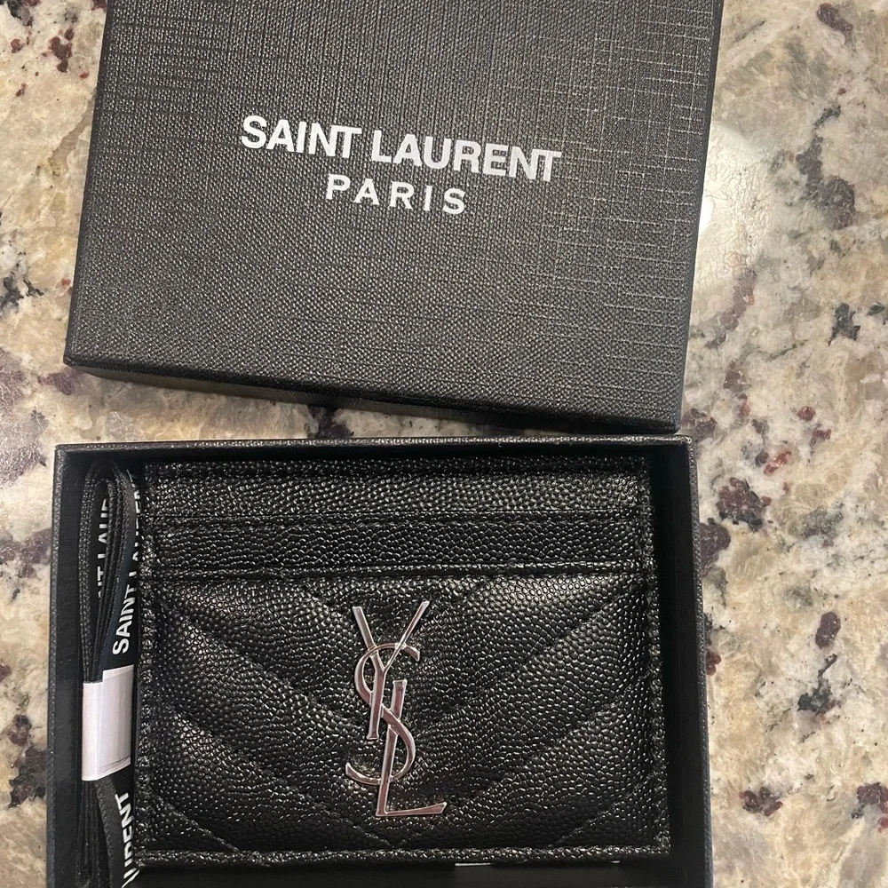 Saint Laurent Black Quilted Chevron Leather Card Case with Silver YSL Logo - Picture 5 of 6